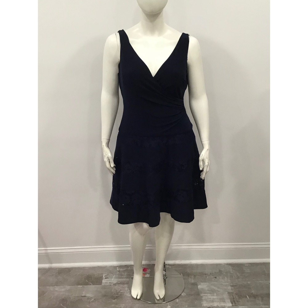 Lauren Ralph‎ Lauren Dress Women 16 Navy Blue New Lace Trim Surplice V-Neck